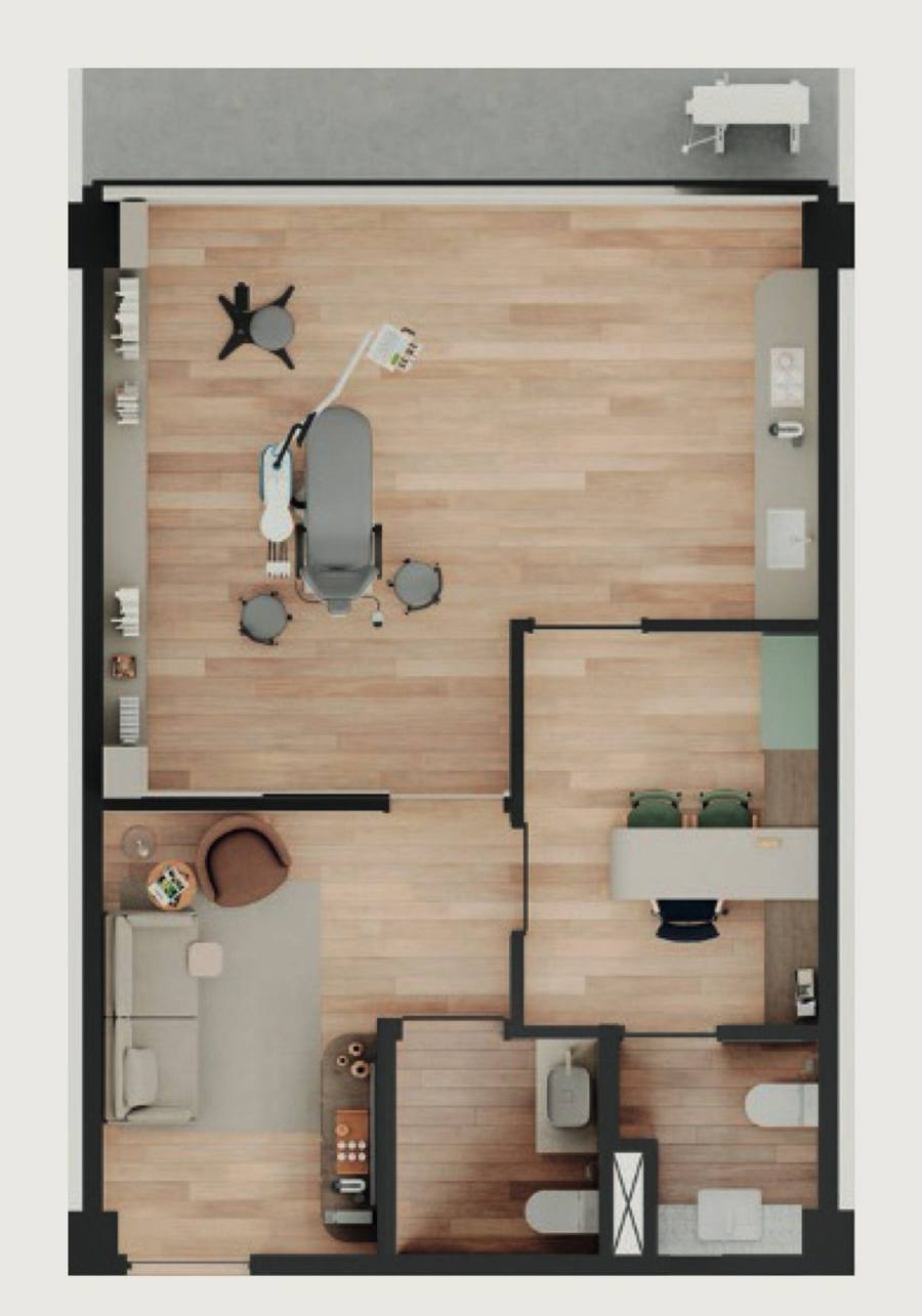Planta da sala tipo de 50,90 m² com sugestão de layout